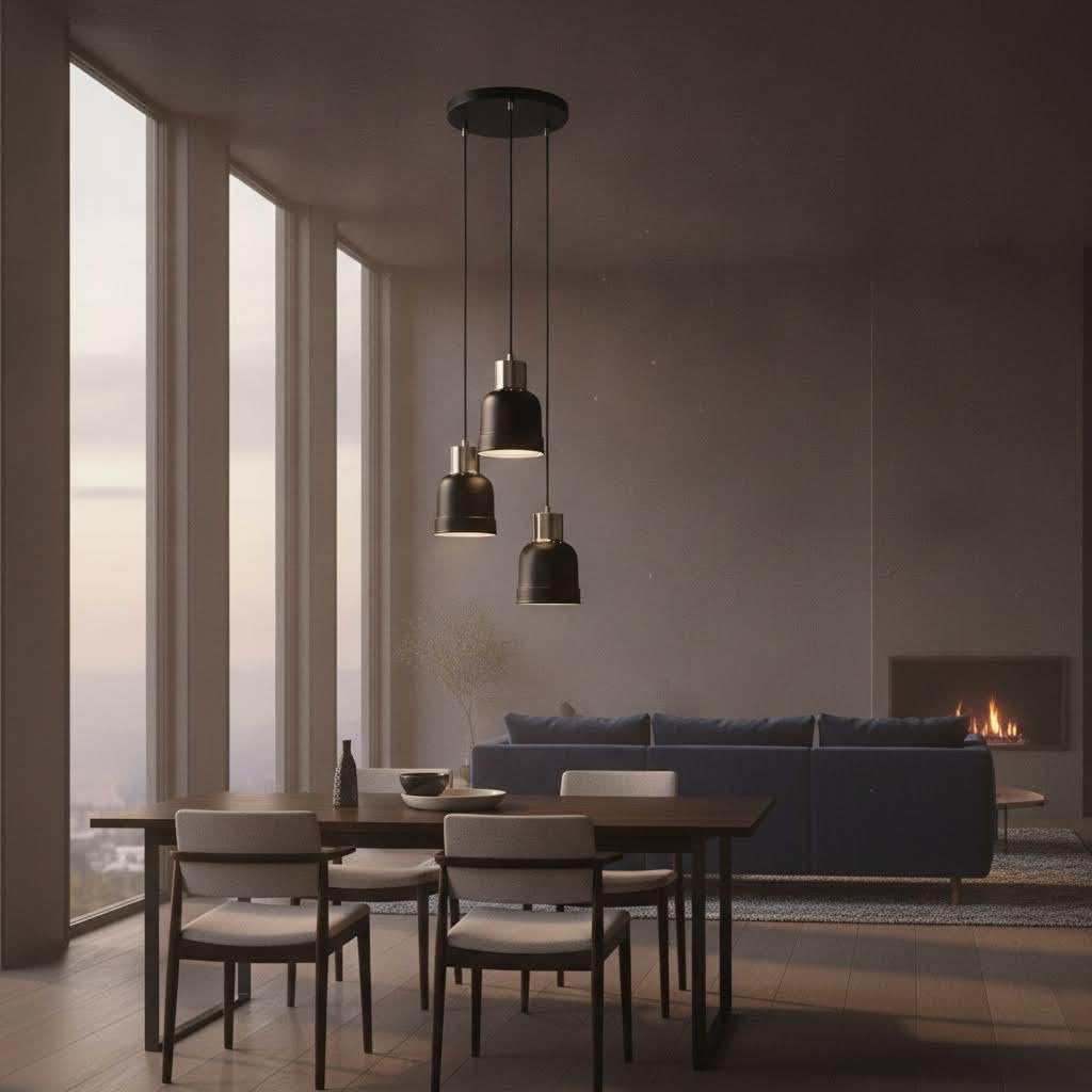 Creation Nova Miska 3-Light Pendant Chandelier, Matte Black, Industrial Style, Indoor Ceiling Light Fixture