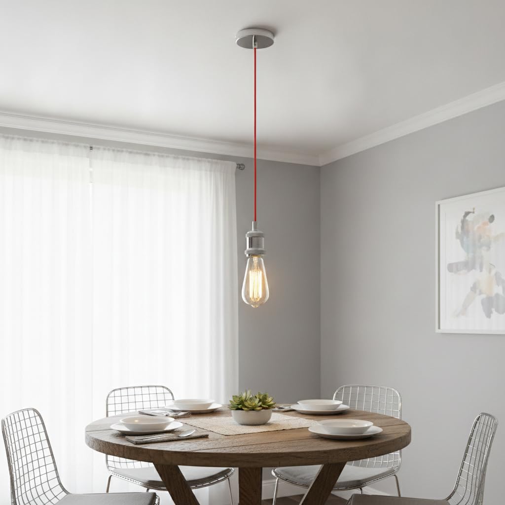 Creation Nova Sokkel Single Pendant Light, Red Cord with Chrome Accent, Modern Indoor Fixture