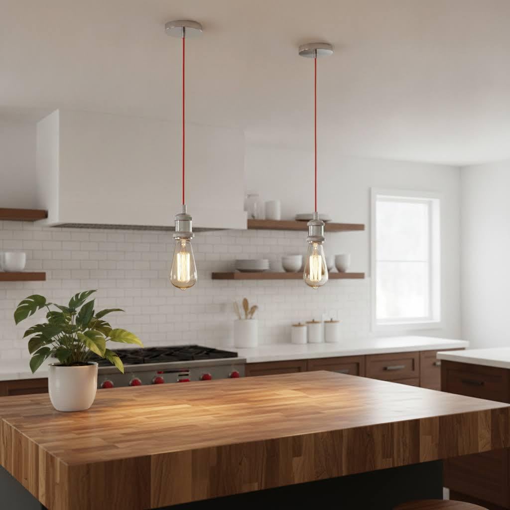 Creation Nova Sokkel Single Pendant Light, Red Cord with Chrome Accent, Modern Indoor Fixture