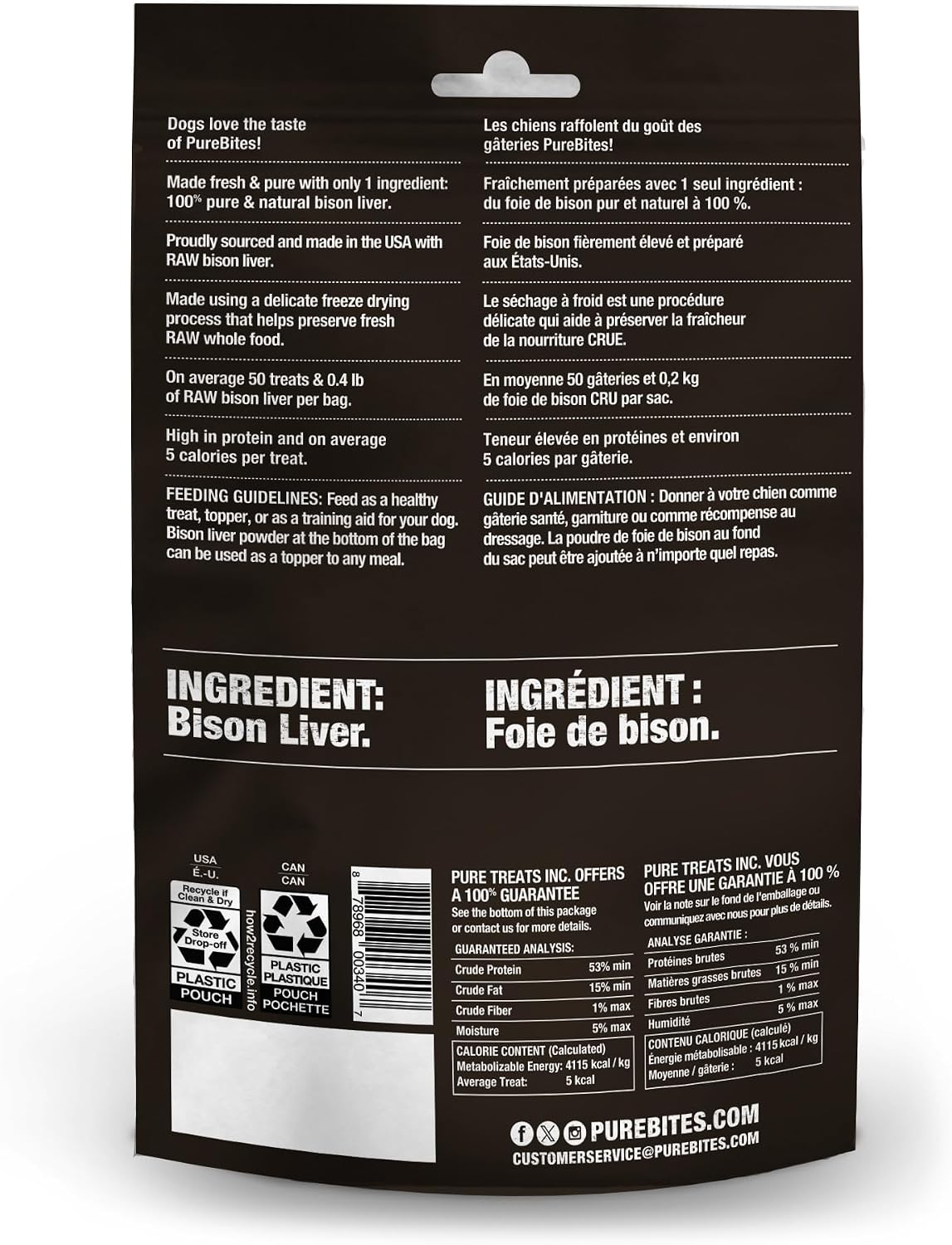 PureBites Friandises lyophilisées pour chiens au foie de bison sauvage 60 g (2,1 oz)
