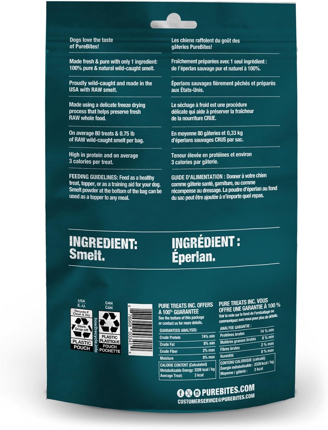 Gâteries au Capelan Sauvage Lyophilisé PureBites pour Chiens 2.1oz (60g)