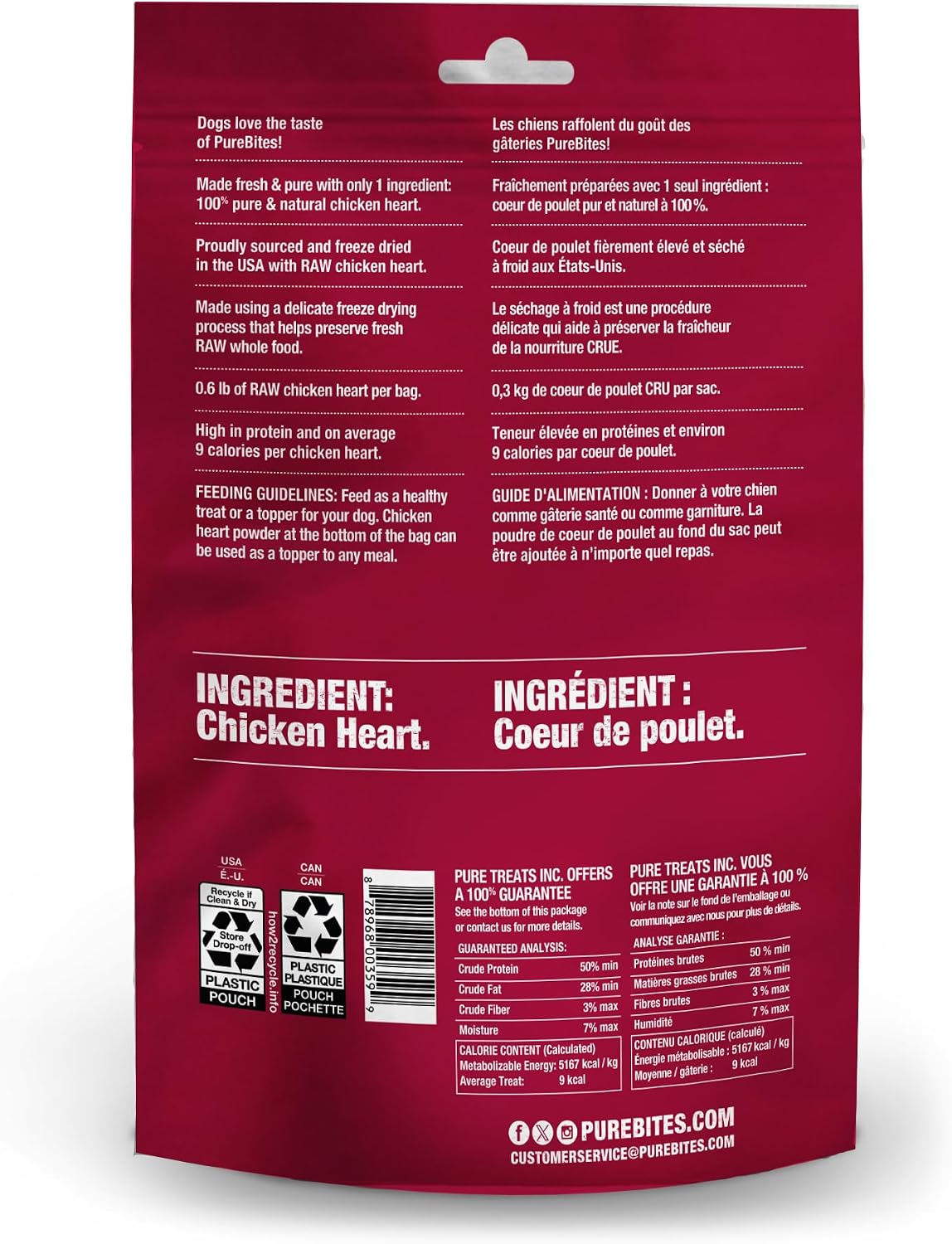Gâteries lyophilisées pour chiens PureBites – Cœur de poulet 3.0oz (85g)