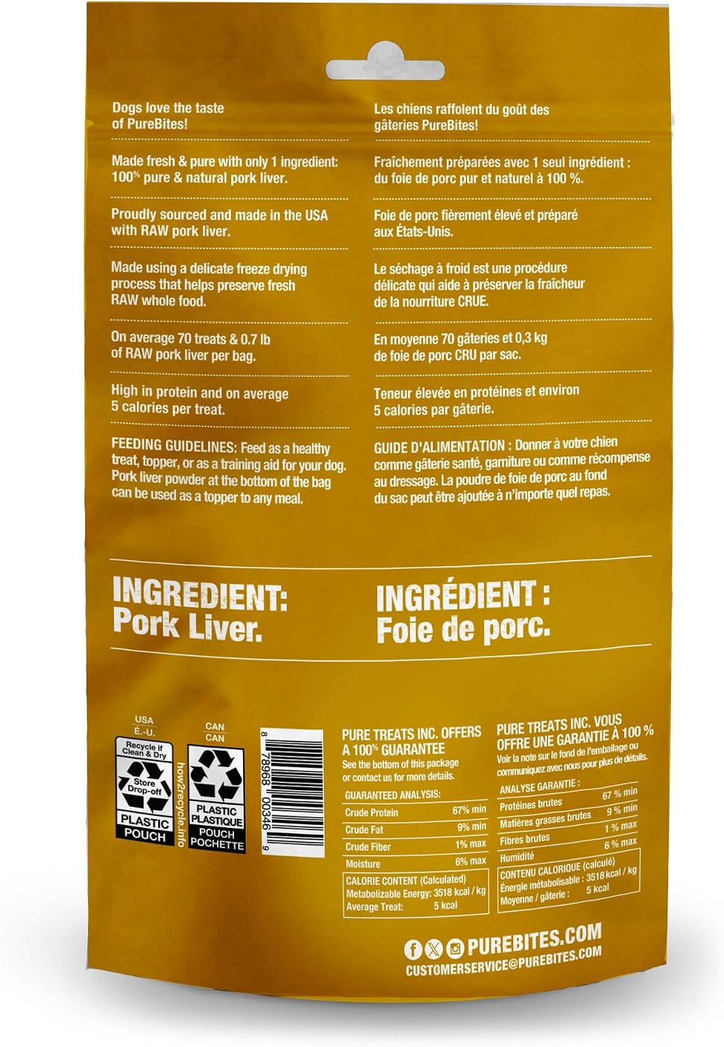 PureBites Friandises lyophilisées pour chiens au foie de porc 100g