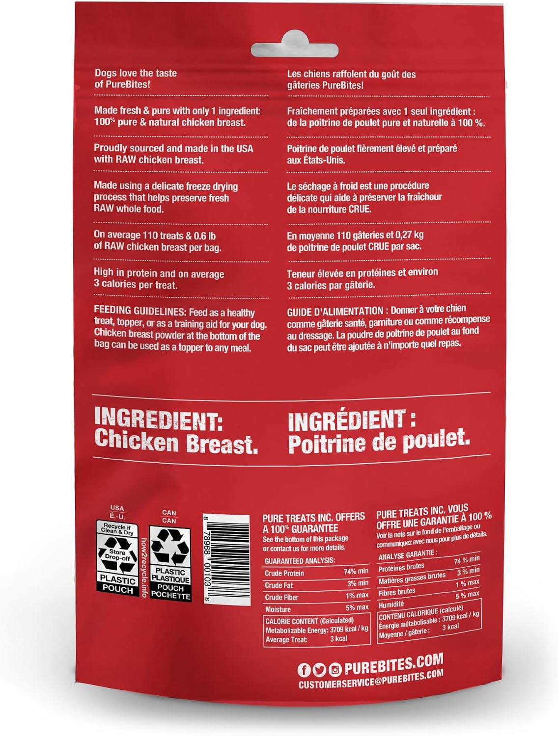 PureBites Poitrine de poulet pour chiens, 3.0oz / 85g - Taille moyenne