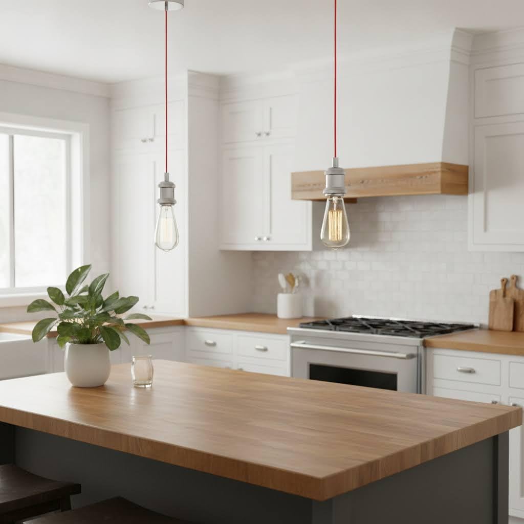 Pendant Light Fitting with Red Fabric Cord and Chrome