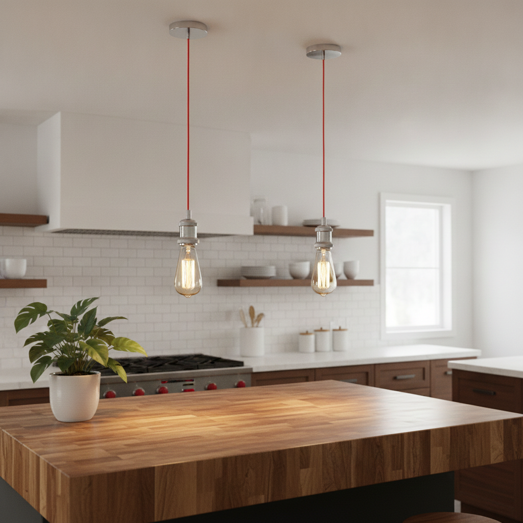 Sokkel Modern Single Pendant Light - Vibrant Red Cord Chrome Accent Fixture