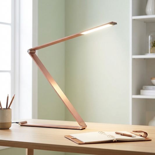 A modern adjustable desk lamp with a metallic rose gold finish, shown illuminated on a light wood desk in a bright room setting.
