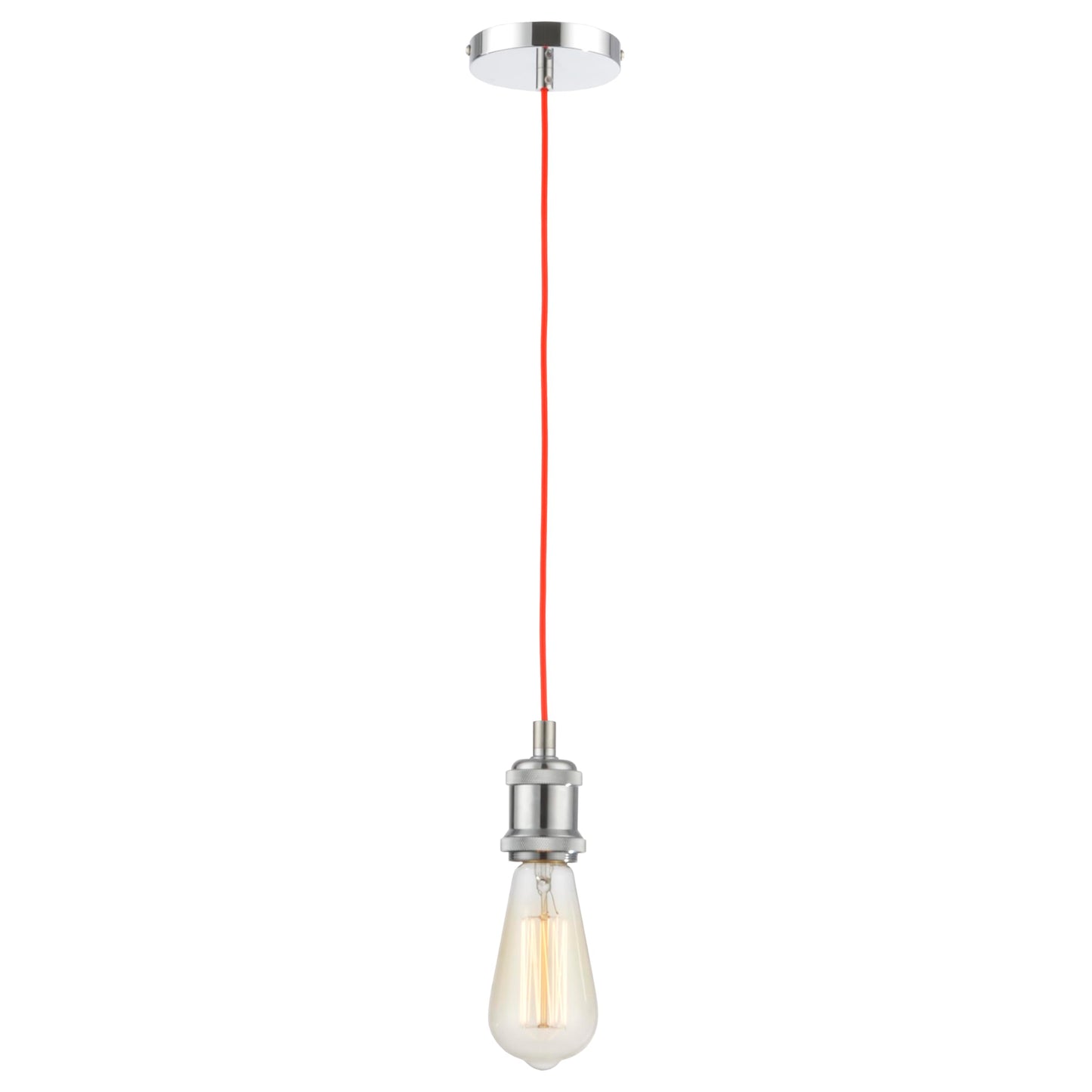 Pendant Light Fitting with Red Fabric Cord and Chrome