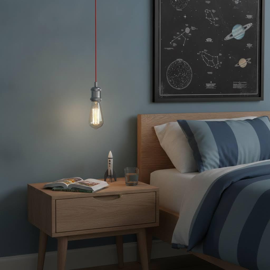 Creation Nova Sokkel Single Pendant Light, Red Cord with Chrome Accent, Modern Indoor Fixture
